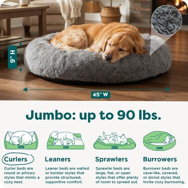 Кругла ліжко для собак Furhaven 45' XL Donut, м'яка плюшева з штучним хутром, заспокійлива, знімний чохол - сірий, розмір: 114x114x23 см