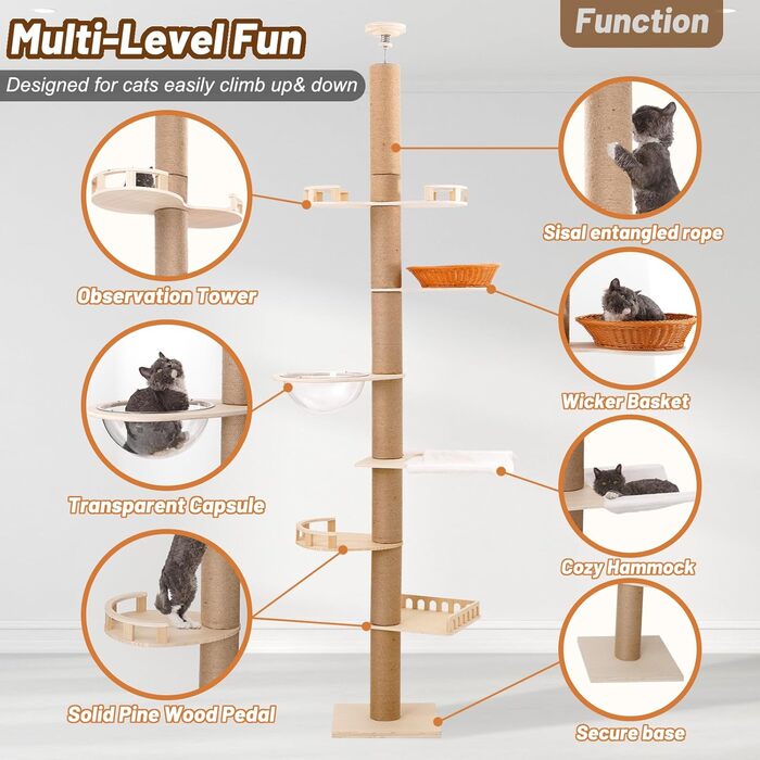 Котячий комплекс Роміромі з 7 ярусами, 250-260 см, регульована висота, котячий будиночок, гамак, 6 платформ, прозора капсула