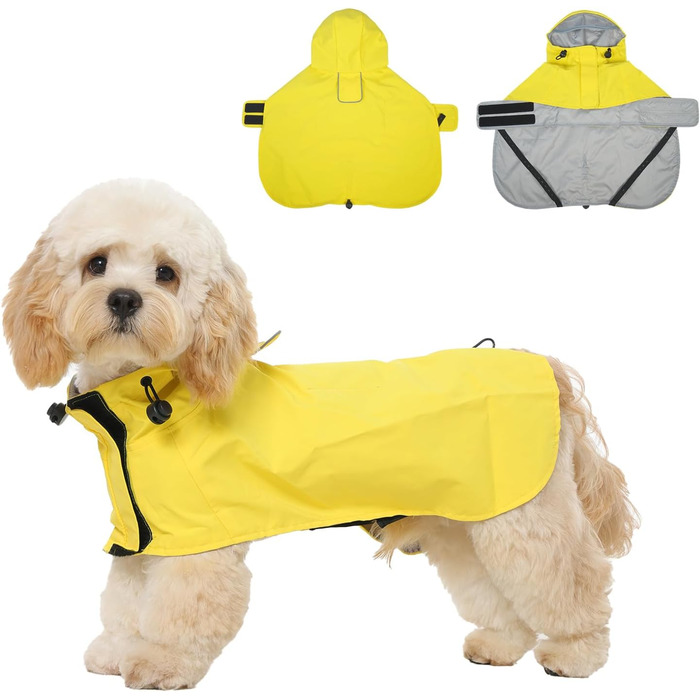 Жовтий дощовик для собак M, водонепроникний дощовик з капюшоном, світловідбиваючі елементи, регульований, з петельками для ніг та отвором для повідка, для собак маленьких, середніх та великих порід