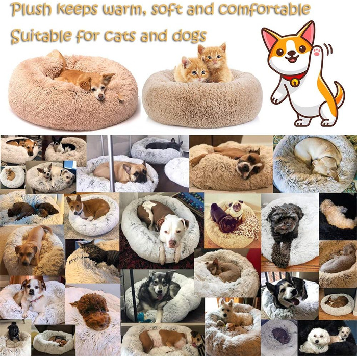 Кругле ліжко для собак FANSU з м'якого плюшу, ковзаюча база, ліжко для котів у формі пончика, розмір та колір обираються (градієнт сірий, 60 см), 60 см, градієнт сірий