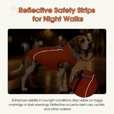 Водонепроникний зимовий теплий одяг для собак середнього розміру QBLEEV з інтегрованим шлейкою та світловідбиваючими елементами (XX-Large, помаранчевий/червоний у смужку 'Sunset Chevron')