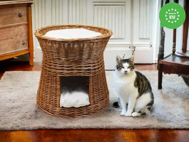 Котячий будиночок з лози для сну, двоповерхове ліжко для котів і собак, круглий 47 см, з подушкою, натуральний колір