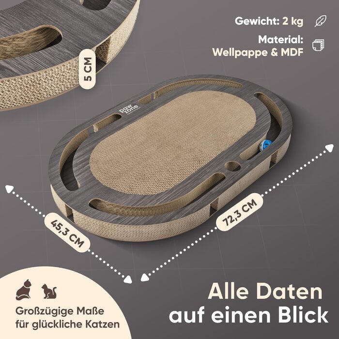 PAWZONE Двостороння килимок-подряпки для котів з міцного MDF, 72x45 см, з можливістю заміни картону, з іграшкою, білий (графіт)