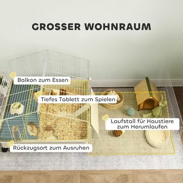 Клітка для дрібних тварин PawHut з вольєром, клітка для кроликів, клітка для дрібних тварин з пляшкою для води, годівницею для сіна, рампою, коліщатками. Підходить для морських свинок та їжаків. Білий колір.