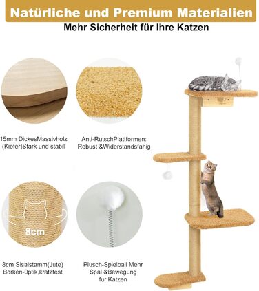 Кліматична стіна для котів Kratzbaum 125 см, 4 яруси, з натурального дерева та міцного фетру, коричнева