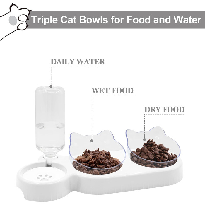 Набір мисок для котів та собак 2 в 1 з диспенсером для води, ковзаючою підкладкою та лопаткою. Нахил 15°, миски для сухого та вологого корму, білий колір