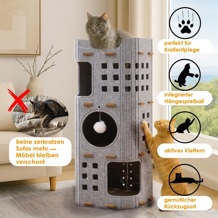 Сучасний котячий комплекс з 4 ярусами та 3 будиночками для котів, сірий. Міцний, з фетру, з іграшкою, 90 см.