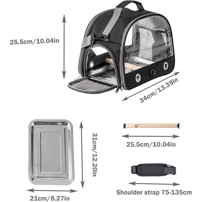 Транспортна сумка для папуг, переносна сумка для птахів з підставкою та підносом з нержавіючої сталі, легкий рюкзак для папуги, складана переносна коробка для птахів, переносна сумка для маленьких птахів, для папуг (чорна)