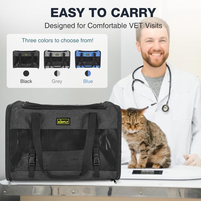 Транспортна переноска для тварин, схвалена TSA, 43.2 x 30 x 24.1 см, м'яка переноска для котів та собак, до 5.4 кг, з туалетом для котів (20x13x13 см), чорна