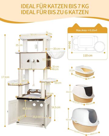 Драбина-кіготь для котів з туалетом, годівницею, 173 см, велика платформа, мотузка сизаль, гамак, знімний килимок, іграшки-кульки, білий та коричневий колір CB89014WT