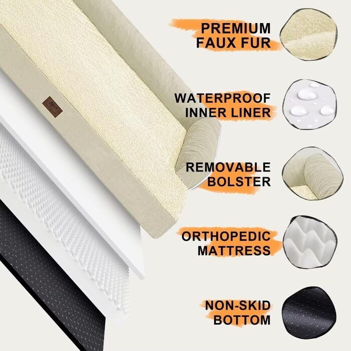 Ортопедичне собаче ліжко великого розміру XL, бежеве. Знімна подушка для шиї, водонепроникний чохол, антиковзаюча підкладка.