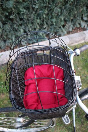 Кошик для собаки на кермо велосипеда з ротангу з металевою сіткою та подушкою, чорний кошик для велосипеда (з подушкою)