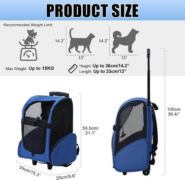 Роликова переноска для домашніх тварин, рюкзак для собак з телескопічною ручкою та кишенями, переноска для собак для маленьких тварин, 42x26x55 см, регульована ручка, оксфордська тканина, Королівський синій