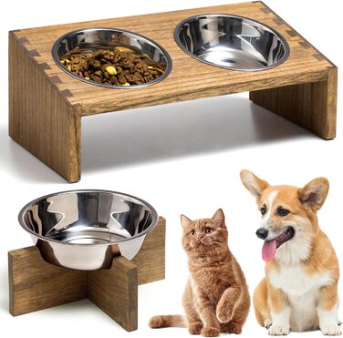 Підвищені годівниці для котів та собак KIRIGEN – дерев'яна годівниця з 3 знімними мисками з нержавіючої сталі, жовто-коричневого та темно-коричневого кольорів