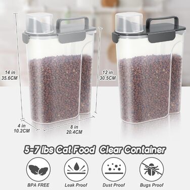 Контейнери для корму для собак, велика воронка, 2.3 кг, пластик, з 4 герметичними закриттями, 1 мірний стакан та ручка, легко миються та переносяться, 2 шт, світло-сірий + темно-сірий