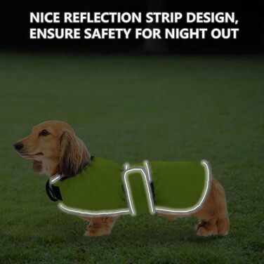 Дощовик для собак Geyecete, регульований, водовідштовхувальний, для такс, з світловідбиваючими ремінцями, з реміннем на липучці, розмір M (довжина спини 42-45 см), зелений