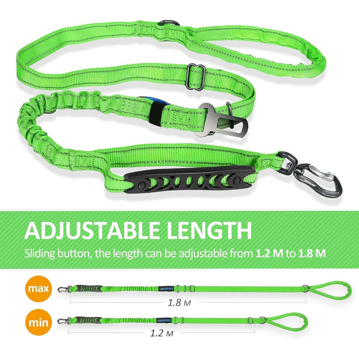 Леєнка для собак IOKHEIRA, регульована (1,2-1,5 м) з безпечним ремінним кріпленням, зручна м'яка ручка та світловідбиваючі нитки (неоновий зелений)