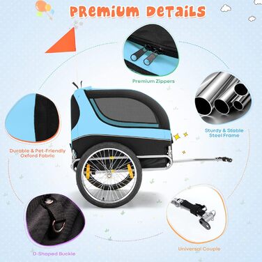 Haustieranhänger GOPLUS для собак та інших тварин: дихаючий, з 3 входами, безпечний, з прапорцем та відбивачами, для середніх собак (блакитний)