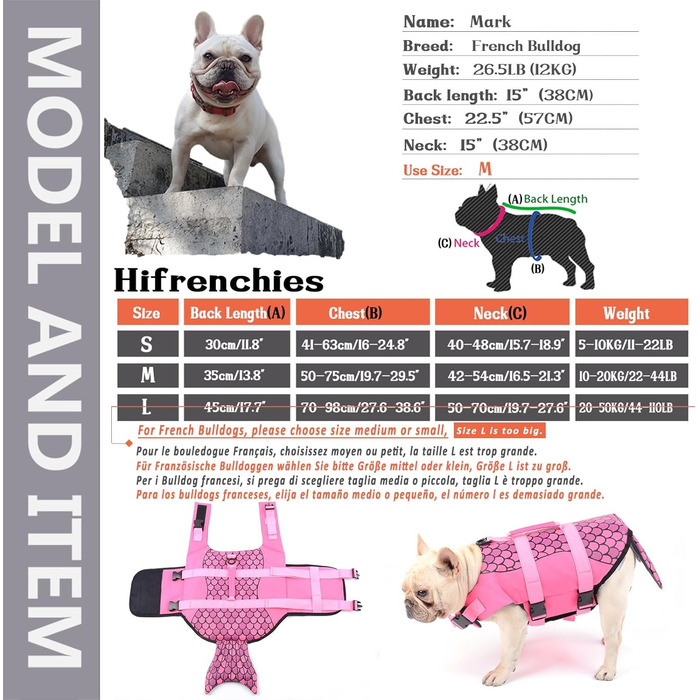 Світшот для собак 'Акула' - рятувальний жилет для Французького бульдога (розмір M, русалка)