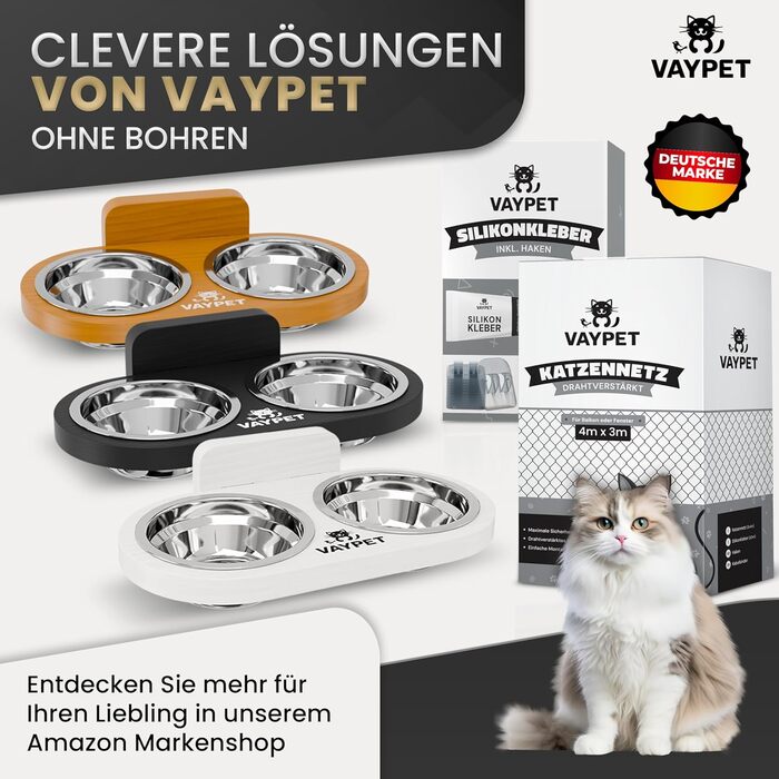 Підвищений годівниця для котів VAYPET® з силіконовим клеєм для кріплення на стіну без свердління. Плавучий годівниця для котів для зручного положення. Надійний годівниця з нержавіючої сталі білого кольору.