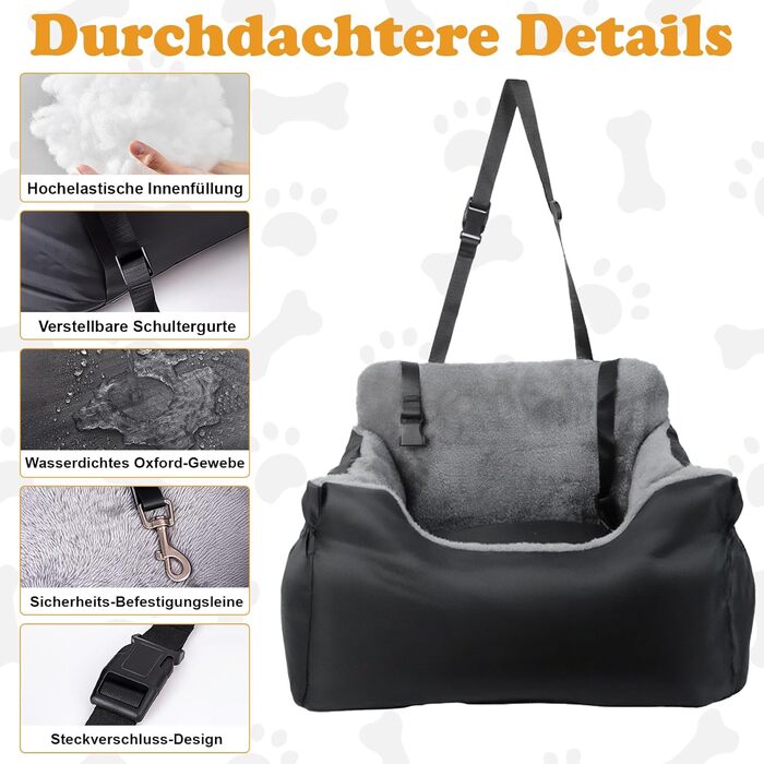 Автокрісло для собак - стабільне, для малих порід (до 12 кг), з ременем безпеки, водовідштовхувальне, знімний килимок, бічні кишені