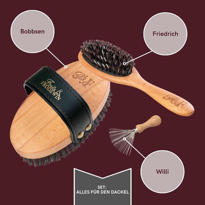 Набір щіток для собак Fritz & Frodewin 'Все для такси' | Преміум щітки для догляду за шерстю | Для щоденного догляду | З сертифікованого дерева FSC | З безкоштовним очищувачем | 100% Made in Germany
