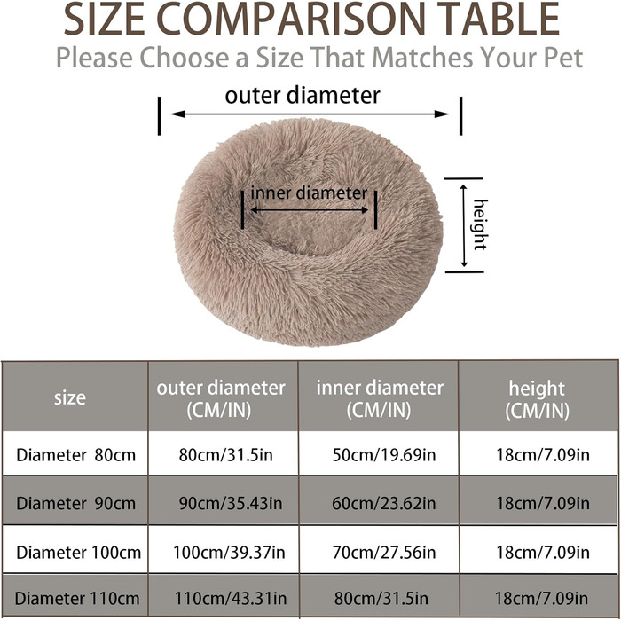 Преміум ортопедичне ліжко для домашніх тварин GDDO для великих та екстра-великих собак, кругле ліжко-дона́т для собак з м'якого плюшу з водонепроникним дном, миється (80 см), розмір 110 x 80 x 18 см, світло-коричневе