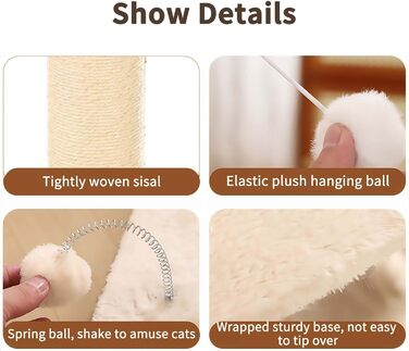 Котячий будиночок з дряпалкою Marchul для великих котів з м'яким плюшем та іграшкою, 68 см, бежевий