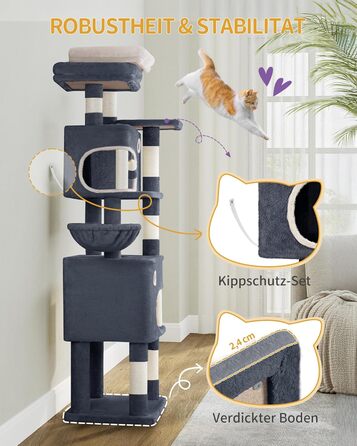 Драбина-кіготь для котів Hzuaneri, 159 см, з 8 кігтеточок, 3 платформ, 2 будиночків, кошиком, плюшевими кульками, мотузкою з сизалю, підходить для котів різних розмірів, MS15918LG (XL, темно-сірий)