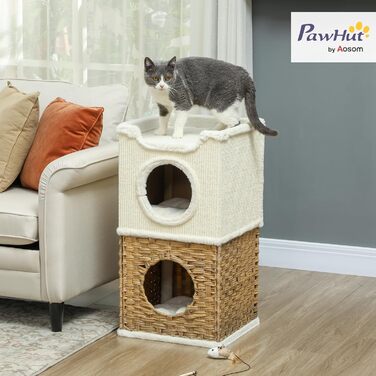 Котячий будиночок PawHut 75,5 см: триповерхова когтеточка з плюшевим облямівкою, подушкою та печереєю для котів середнього розміру, кремово-білий