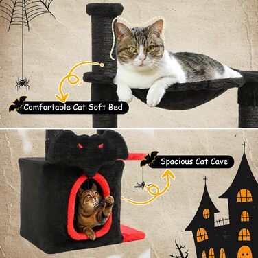 BYBYME Готичний кігтеточка для Хелловіну, 84.5 см, стійкий комплекс для котів з ліжком, будиночком, гамаком, кігтеточками з сизалю, багатофункціональна котяча іграшка (Чорний/Червоний), підлоговий, 96.5 см