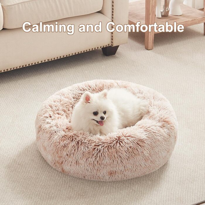 Заспокійливе собаче ліжко у вигляді пончика для маленьких собак, миється, кругле, ліжко для цуценят зі знімним покриттям, м'яке плюшеве ліжко для котів та собак, підходить для тварин до 11,3 кг, 58x58x18 см, Колір: Коричневий