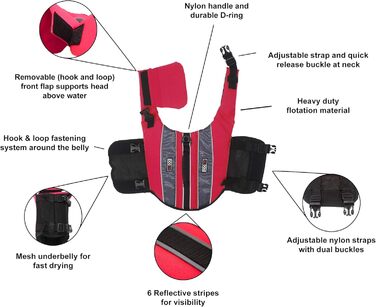 Рятувальний жилет для собак Dogline, для плавання та катання на човні, яскравих кольорів з світловідбиваючими смугами, сітчаста нижня частина для стікання води та сушіння, ручка для перенесення, обхват 66-86 см, неоново-рожевий