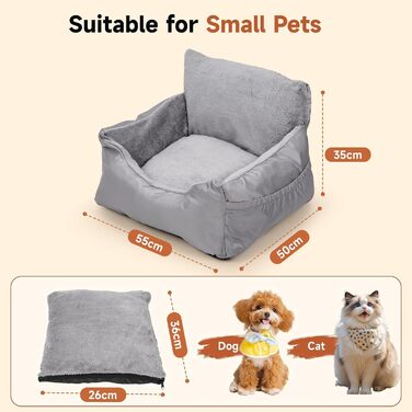 Зручний автокрісло для собак з кишенею, водонепроникне лежак для тварин, неслизьке автоліжко для маленьких собак, 55 x 50 x 35 см (Сірий)