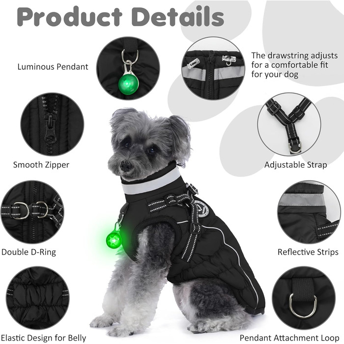 Зимовий одяг для собак: теплий водонепроникний одяг з коміром LED та світловідбиваючими смугами, 5XL, чорний