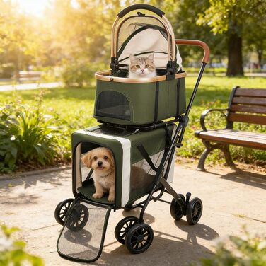 Дитяча коляска для тварин, бугі, складна, для собак та котів, з дихаючого мережива + водонепроникний оксфорд 300D + 4 колеса, переносна сумка для собак, складна до 20 кг (92 x 56 x 33 (зелений, 97*58*46))