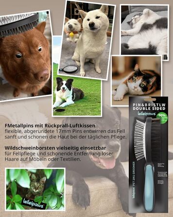 Двостороння щітка для собак та котів – вичісувальний гребінь для довгої та короткої шерсті, металеві щетинки та натуральна щетина, ергономічна ручка TPR, м'який та ефективний догляд за шерстю (Синьо-Чорний)