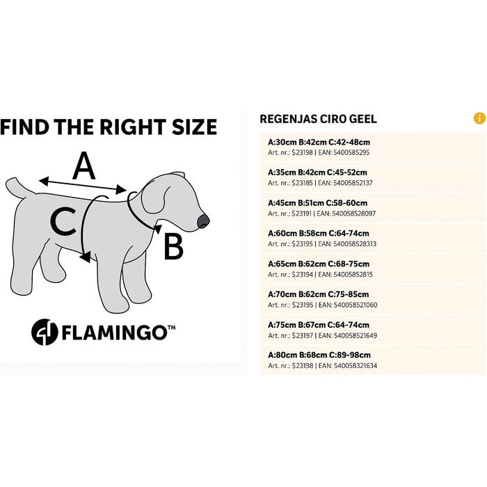 Жовтий дощовик для собак Ciro - розмір A:80см B:69см C:89-98см - поліестер, водонепроникний, з світловідбиваючими смугами, на липучці, можна прати при 30°C