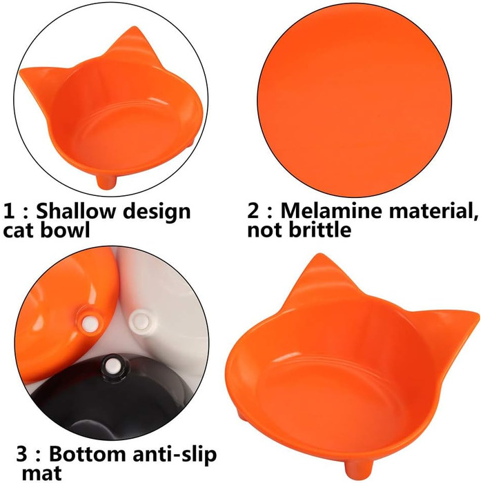 Набори мисок для котів SLSON 3 шт., 237 мл, плоскі миски для води та корму з неслизьким гумовим дном, чорно-білі та помаранчеві
