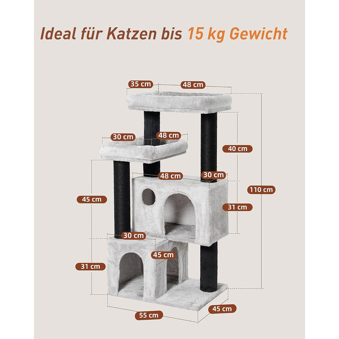 Великий котячий комплекс Kratzbaum 164 см для великих котів, з 11 см товстими стовпами, гамаком, плюшевими платформами та ховалькою