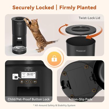 Автомат годівлі для котів 4.2L з програмуванням, з окремою мискою, подвійне живлення, 6 прийомів їжі на день (Чорний), миска з нержавіючої сталі