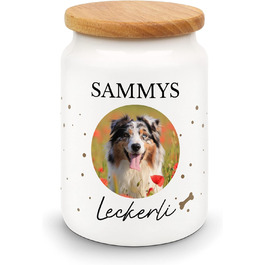 Керамічна банка для ласощів з дерев'яною кришкою - персоналізована з фото та ім'ям - для собак, котів та інших домашніх тварин. Чудова ідея для подарунка