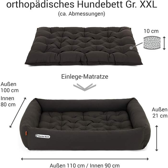 Ортопедичне ліжко для собак Doctor Bark - миється до 95°C, гігієнічне, без запаху, великі породи, з м'яким коржем (XXL 110x100 см, коричневе)