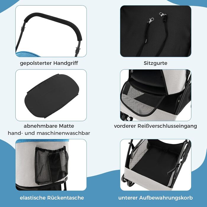 Візок для собак Costway 3 в 1, блакитний, до 15 кг, з сітчастими віконцями та регульованим козирком