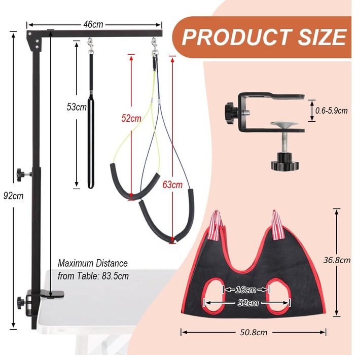 Регульований підлокітник для грумінгу собак з кліпсою, стіл для грумінгу з двома фіксаторами та шлейкою-гамаком, складаний аксесуар для догляду за тваринами для маленьких та середніх собак