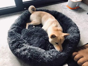 М'яке ліжко-софа для собак Deluxe, кругла, з плюшу, 60 см, для великих та екстра-великих собак та котів, водонепроникне дно, темно-сірий