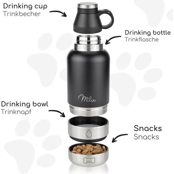 Водяна пляшка для собак Milu 950мл з мискою для їжі - ізольована фляга з нержавіючої сталі, чорна (+гравіювання)