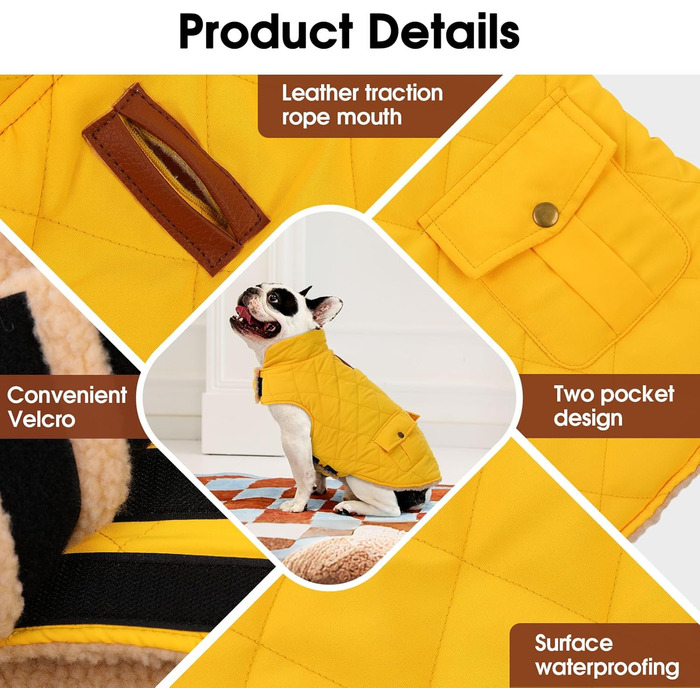Зимовий теплий одяг для собак CITE TOILE - куртка з флісу для собак, з отвором для шлейки, жовта (M)