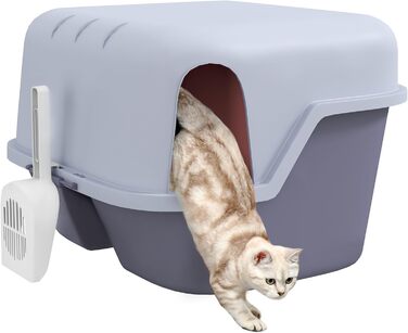 PawHut туалет для котів з кришкою, пластиковий, з совком і ситом, закритий лоток для маленьких котів до 3,5 кг, для дому, фіолетовий