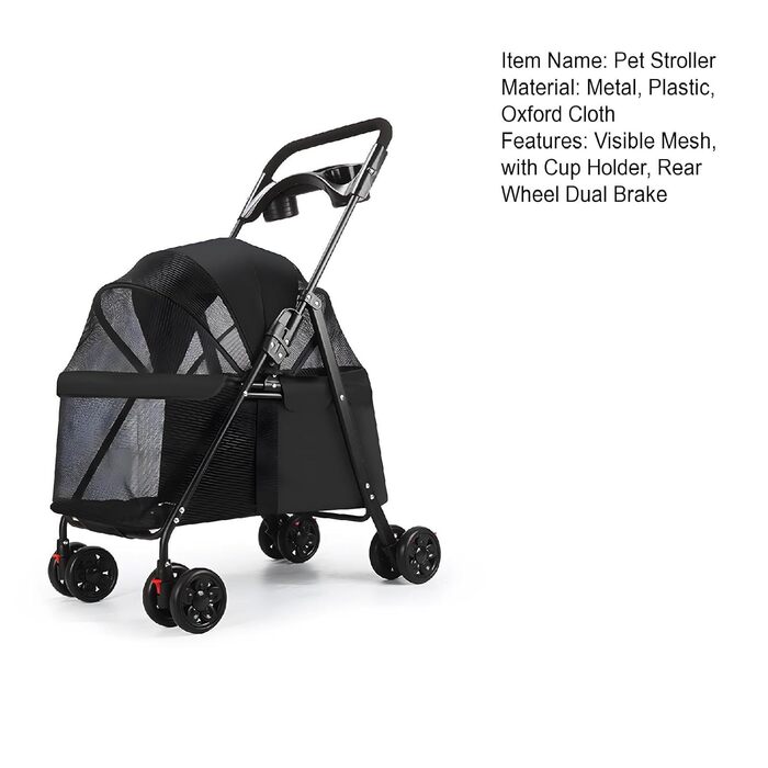 Візок для собак великих порід, складний, безпечний. З подвійними гальмами, фіксаторами та зручною сіткою. Великий кошик для зберігання. Ідеальний для прогулянок.